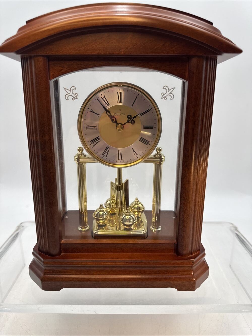 Bulova B1848 Nordale Mantel Clock Walnut Wood Quartz Revolving Pendulum Works